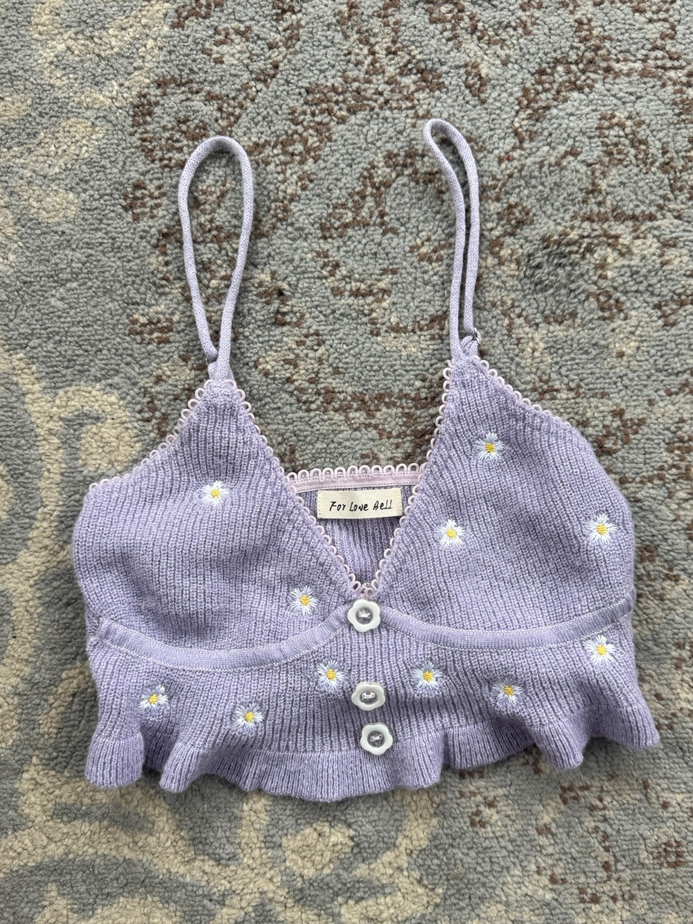 For Love Bell Lavender Daisy Embroidered Knit Bralette Crop Top Y2K